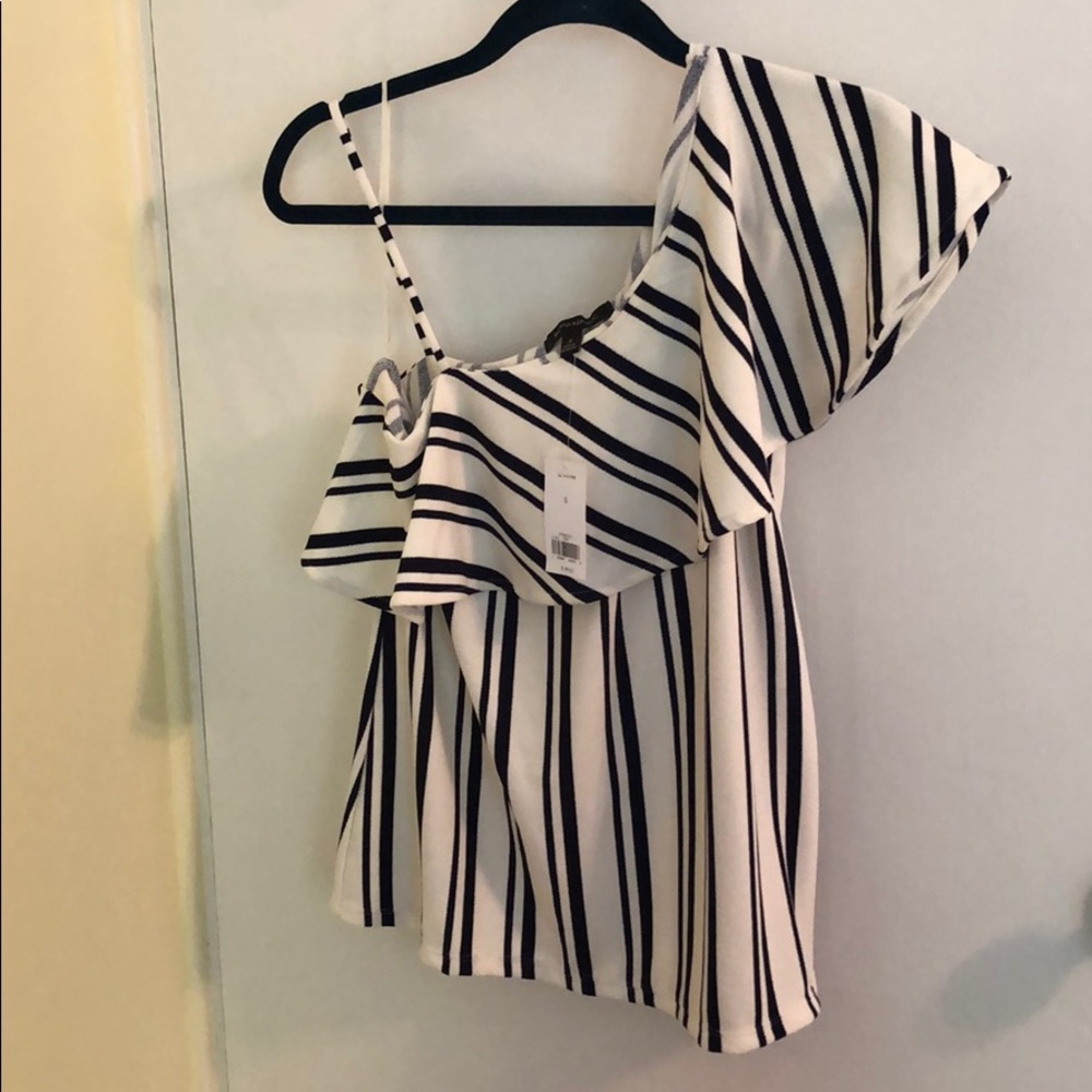 Navy and Off white /Cream one shoulder ruffle top